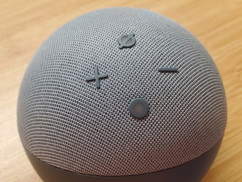 Amazon Echo Dot 4th generation with physical controls at the top, photographed in Lafayette, California on December 13, 2021.